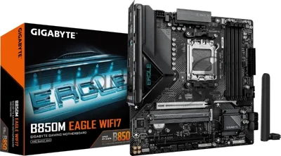 Материнская плата Gigabyte B850M EAGLE WIFI7, AM5, AMD B850, 4xDDR5, 4xSATA, 2xM.2, 1xPCIe 5.0 x16, 1xPCIe 3.0 x16, 1xHDMI, 2xDP, 1x2.5Gb LAN, Wi-Fi 7, Bluetooth 5.4, 1xUSB-C 10Gbps, 1xUSB-A 10Gbps, 2xUSB-A 5Gbps, 4xUSB-A 2.0, 1xPS/2, 3x3.5 мм, 7.1, mATX