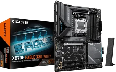 Материнская плата Gigabyte X870E EAGLE X3D WIFI7, AM5, AMD X870E, 4xDDR5, 4xSATA, 4xM.2, 1xPCIe 5.0 x16, 1xPCIe 4.0 x16, 1xPCIe 3.0 x16, 1xHDMI, 1x5Gb LAN, Wi-Fi 7, Bluetooth 5.4, 2xUSB-C 40Gbps (USB4), 1xUSB-C 10Gbps, 4xUSB-A 10Gbps, 4xUSB-A 5Gbps, 3x3.5 мм + S/PDIF оптический, 7.1, чёрный, с подсветкой, ATX
