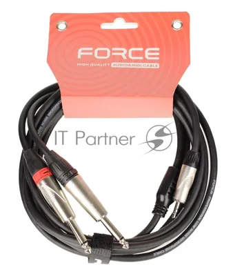 Кабель аудио FORCE FLC-15/31/8" TRS mini Jack - 2x1/4" TS Jack, высококачественный стерео, используется для подключения смартфона к микшеру и аудио интерфейсу, диаметр 6 мм, профессиональные металлические разъемы, длина 3 м