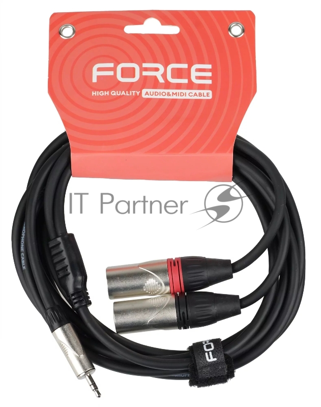 Кабель аудио FORCE FLC-19/31/8" TRS mini Jack - 2xXLR, высококачественный стерео, используется для подключения смартфонов к микшерам и аудио интерфейсам, диаметр 6 мм, профессиональные металлические разъемы, длина 3 м