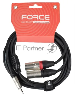 Кабель аудио FORCE FLC-19/31/8" TRS mini Jack - 2xXLR, высококачественный стерео, используется для подключения смартфонов к микшерам и аудио интерфейсам, диаметр 6 мм, профессиональные металлические разъемы, длина 3 м