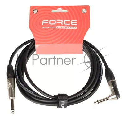 Кабель гитарный FORCE FGC-09/3L1/4" TS Jack - 1/4" TS Jack угловой, высококачественный, малошумящий с проводниками из безкислородной меди OFC, диаметр 6 мм, профессиональные металлические разъемы, длина 3 м, цвет черный