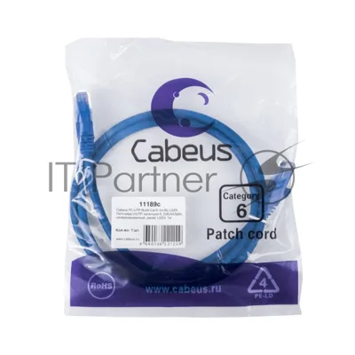 Патч-корд U/UTP 6 кат. 1м Cabeus PC-UTP-RJ45-Cat.6-1m-BL-LSZH 2xRJ45/8p8c, неэкранированный, синий, LSZH, 1м