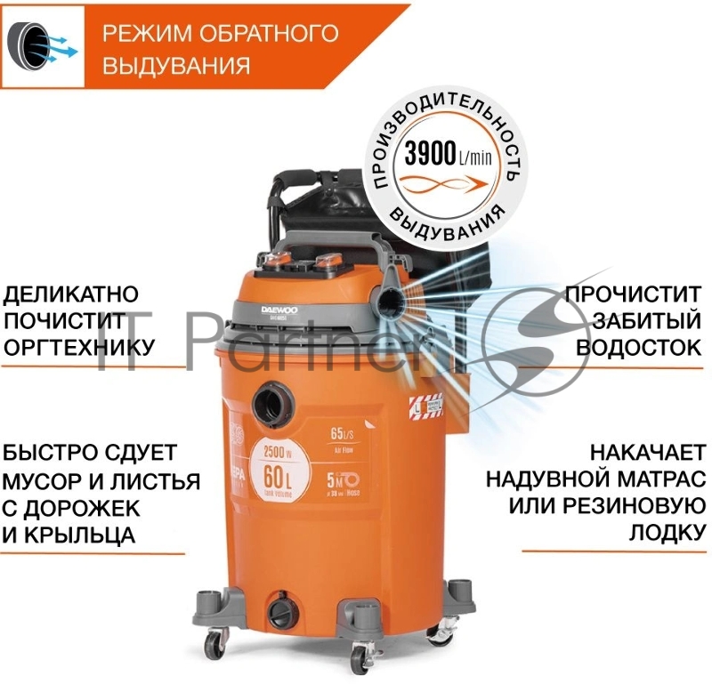 Строительный пылесос Daewoo DAVC 6025S 2500Вт (уборка: сухая/сбор воды/выдув) оранжевый