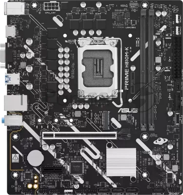 Материнская плата ASUS PRIME H810M-K, LGA 1851, Intel H810, 2xDDR5, 4xSATA, 1xM.2, 1xPCIe 4.0 x16, 1xPCIe 3.0 x1, 1xVGA, 1xHDMI, 1x1Gb LAN, 2xUSB-A 5Gbps, 4xUSB-A 2.0, 3x3.5 мм, 7.1, mATX