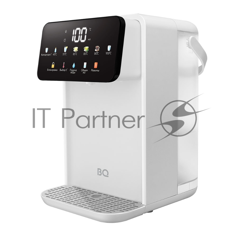 Термопот проточный BQ TP3001 White, мощность 2000 Вт, объем 3.2 л, сенсорное управление, количество температурных режимов: от 25 до 100°C, с шагом 1°С, выбор объема порции: 150, 200, 250, 300, 350, 400, 450, 500 мл, электрическая помпа, индикатор уровня воды, блокировка подачи воды, блокировка кнопок, защита от перегрева, дисплей LED, подсветка стакана, съемный резервуар для воды, пластиковый корпус, длина электрошнура: 0.9 м, напряжение 220-240 В, 50-60 Гц, защита от поражения электротоком клас