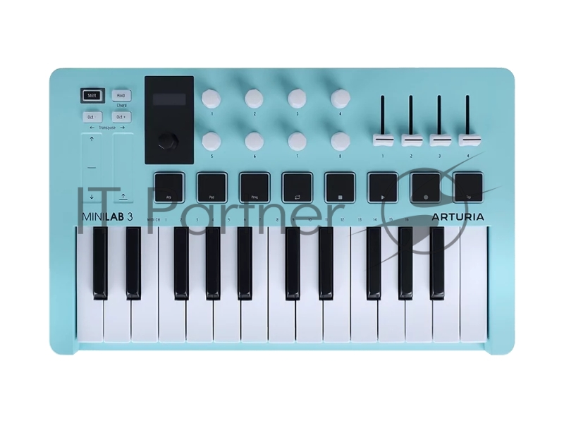 MIDI клавиатура 231599 Arturia MiniLAB 3 Aquamarine 25 клавиш, 8 энкодеров, 8 RGB пэдов, 8 фейдеров, дисплей, сенсорные регуляторы Pitch/Modulation, MIDI-выход, 1/4" Jack вход педали, режим Chord, арпеджиатор, USB-C
