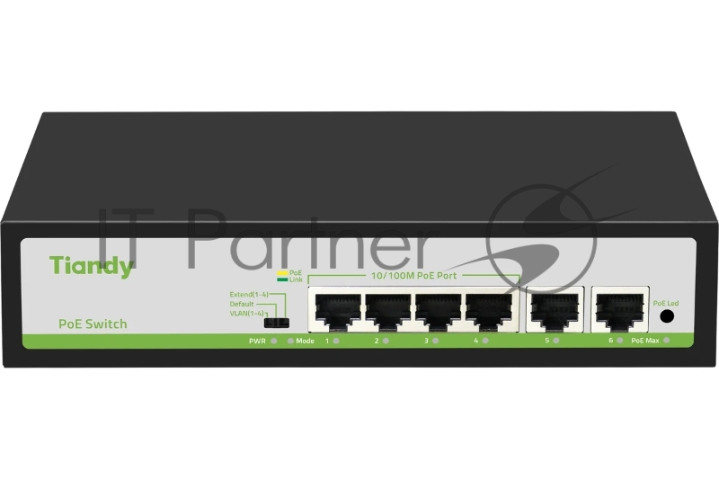 Коммутатор Tiandy TC-P3S06 F/0420/AT/55/V2.0, 4×100 Мбит/с PoE + 2×100 Мбит/с Uplink, неуправляемый