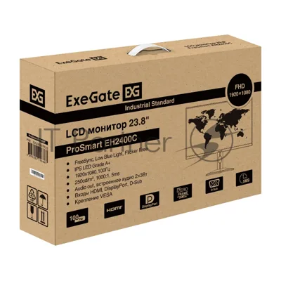 Монитор 23.8" ExeGate ProSmart EH2400C (IPS LED Grade A+, FHD, 1920x1080@100Гц, 16:9, 250cd/m2, 1000:1, 178°/178°, 3-5ms, audio-out, Speakers, D-Sub, HDMI, DisplayPort, кабель HDMI 1,5м, VESA, регулировка высоты (HAS), регулировка наклона (tilt), поворот экрана (swivel), поворот экрана на 90° (pivot), чёрный)
