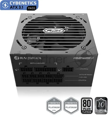 Блок питания Raijintek AMPERE II 1200, 1200W 80+ Platinum (ATX, 3.1, PCIe 5.1, Full-modular, 1x24(20+4)pin, 2x4+4-pin CPU, 3x6+2-pin PCIe, 1x12V(2x6), 10xSATA3, 5xMolex, Active, 120x120mm, 150x140x86mm, APFC, black)