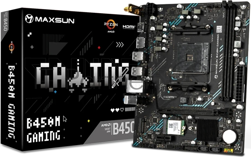 Материнская плата Maxsun B450M GAMING WIFI, AM4, AMD B450, 2xDDR4 (до 64 ГБ), 2xSATA, 1xM.2 (PCIe 3.0 x4), 1xPCIe 3.0 x16, 1xPCIe 3.0 x1, 1xHDMI, 1xDP, 1x1Gb LAN, Wi-Fi 5, Bluetooth 4.2, 4xUSB-A 5Gbps, 2xUSB-A 2.0, 3x3.5 мм, 7.1, mATX