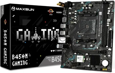 Материнская плата Maxsun B450M GAMING WIFI, AM4, AMD B450, 2xDDR4 (до 64 ГБ), 2xSATA, 1xM.2 (PCIe 3.0 x4), 1xPCIe 3.0 x16, 1xPCIe 3.0 x1, 1xHDMI, 1xDP, 1x1Gb LAN, Wi-Fi 5, Bluetooth 4.2, 4xUSB-A 5Gbps, 2xUSB-A 2.0, 3x3.5 мм, 7.1, mATX