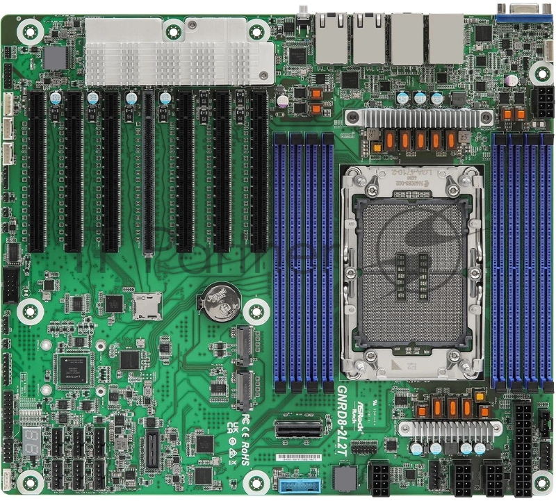 Серверная материнская плата ASRock GNRD8-2L2T, 1xE2 (LGA 4710), встроен в процессор, 8xDDR5, 0xSATA, 2xM.2, 7xPCIe 5.0 x16, 1xVGA, 2x1Gb LAN, 2x10Gb LAN, IPMI, 2xUSB-A 5Gbps, SSI CEB