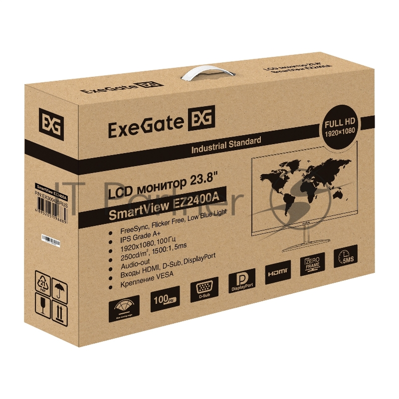 Монитор 23.8" ExeGate ProSmart EZ2400A IPS 1920x1080, 100 Гц, 5 мс, 16:9, 250 кд/м², HDMI, DisplayPort, VGA, Flicker Free, Low Blue Light, FreeSync, черный
