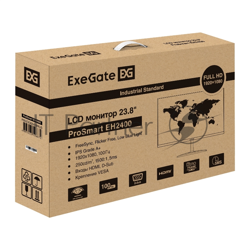 Монитор 23.8" ExeGate ProSmart EH2400 IPS 1920x1080, 100 Гц, 5 мс, 16:9, 250 кд/м², HDMI, VGA, Flicker Free, Low Blue Light, FreeSync, черный