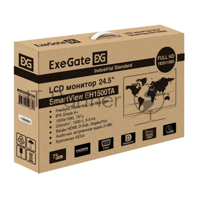 Монитор 24.5" ExeGate SmartView EH1500TA IPS 1920x1080, 75 Гц, 5 мс, 16:9, 250 кд/м², HDMI, DisplayPort, VGA, Flicker Free, Low Blue Light, FreeSync, с динамиками 2x3 Вт, черный