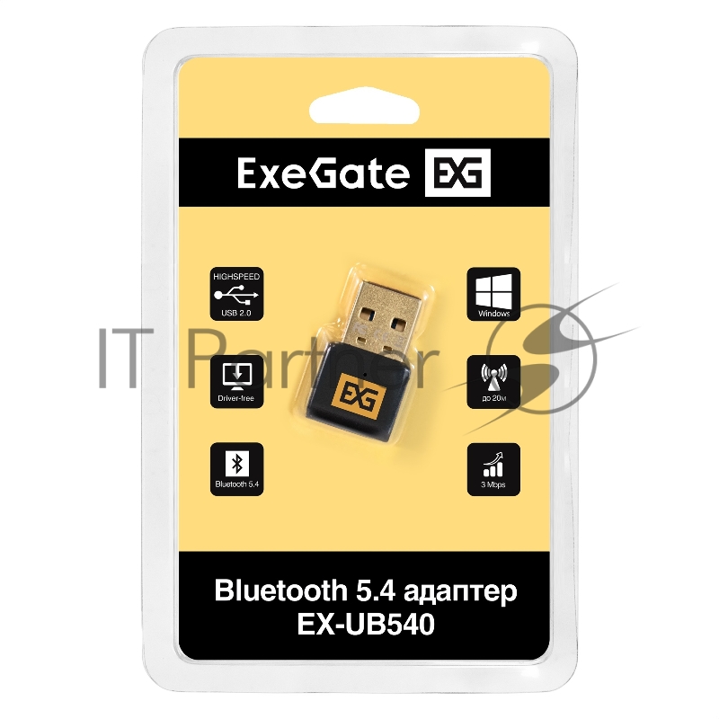 Bluetooth адаптер ExeGate EX-UB540 (BT 5.4, USB HighSpeed 2.0, до 20м, до 7 устройств, Dual-mode Bluetooth, повышенная скорость передачи данных (EDR), сверхнизкое электропотребление (BLE), LE Audio, LC3 codec, поддержка A2DP/SBC/AAC/HSP/AVRCP/HID, Plug & Play, черный)
