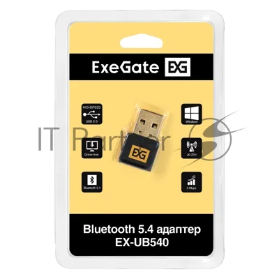 Bluetooth адаптер ExeGate EX-UB540 (BT 5.4, USB HighSpeed 2.0, до 20м, до 7 устройств, Dual-mode Bluetooth, повышенная скорость передачи данных (EDR), сверхнизкое электропотребление (BLE), LE Audio, LC3 codec, поддержка A2DP/SBC/AAC/HSP/AVRCP/HID, Plug & Play, черный)