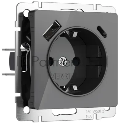 Розетка с заземлением, шторками и USB тип A+C (графит акрил)