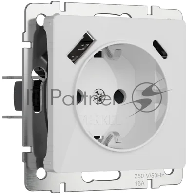 Розетка с заземлением, шторками и USB тип A+C (белый акрил)