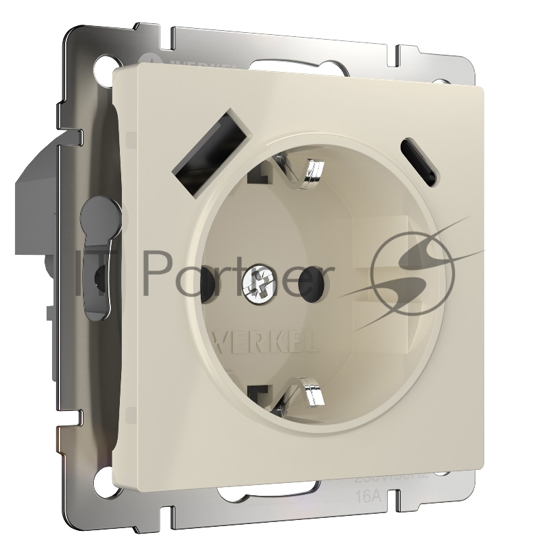 Розетка с заземлением, шторками и USB тип A+C (слоновая кость)