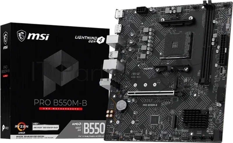 Материнская плата MSI PRO B550M-B, AM4, AMD B550, 2xDDR4 (до 64 ГБ), 4xSATA, 2xM.2 (PCIe 4.0/3.0), 1xPCIe 4.0 x16, 1xPCIe x1, 1xHDMI, 1xDP, 1x1Gb LAN, 4xUSB-A 5Gbps, 2xUSB-A 2.0, 1xPS/2, 3x3.5 мм, 7.1, чёрный, mATX
