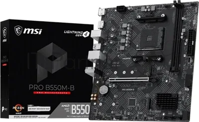 Материнская плата MSI PRO B550M-B, AM4, AMD B550, 2xDDR4 (до 64 ГБ), 4xSATA, 2xM.2 (PCIe 4.0/3.0), 1xPCIe 4.0 x16, 1xPCIe x1, 1xHDMI, 1xDP, 1x1Gb LAN, 4xUSB-A 5Gbps, 2xUSB-A 2.0, 1xPS/2, 3x3.5 мм, 7.1, чёрный, mATX