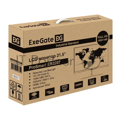 Монитор 21.5" ExeGate SuperView ER2207 VA 1920x1080, 100 Гц, 5 мс, 16:9, 250 кд/м², HDMI, VGA, Flicker Free, Low Blue Light, черный