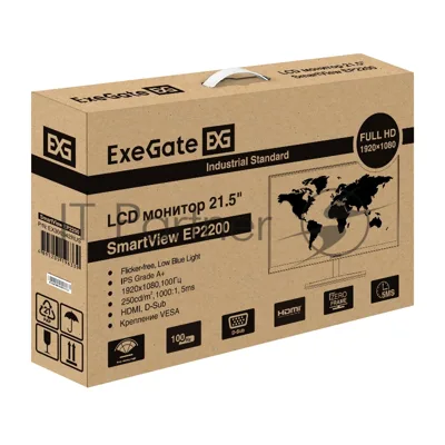 Монитор 21.5" ExeGate SmartView EP2200 IPS 1920x1080, 100 Гц, 5 мс, 16:9, 250 кд/м², HDMI, VGA, Flicker Free, Low Blue Light, черный