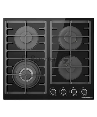 Варочная поверхность Kuppersberg TG 62 B, газ, High-Tech, 60 см, 4 конфорки, автоматический электроподжиг, газ-контроль, форсунки под сжиженый газ, SABAF конфорки, WOK конфорка, чугунные решетки, цвет черное стекло, цвет фурнитуры черный