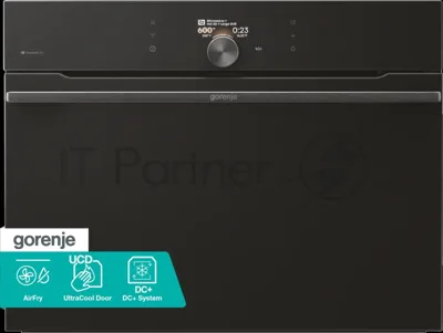 Духовой шкаф Gorenje BCM4058B, компактный, функция СВЧ, 50 л, макс. температура 275 градусов, электронное управление, дисплей, Wi-Fi, MultiFlow 360, AirFry, динамическая система охлаждения DC+, быстрый нагрев, цвет черный