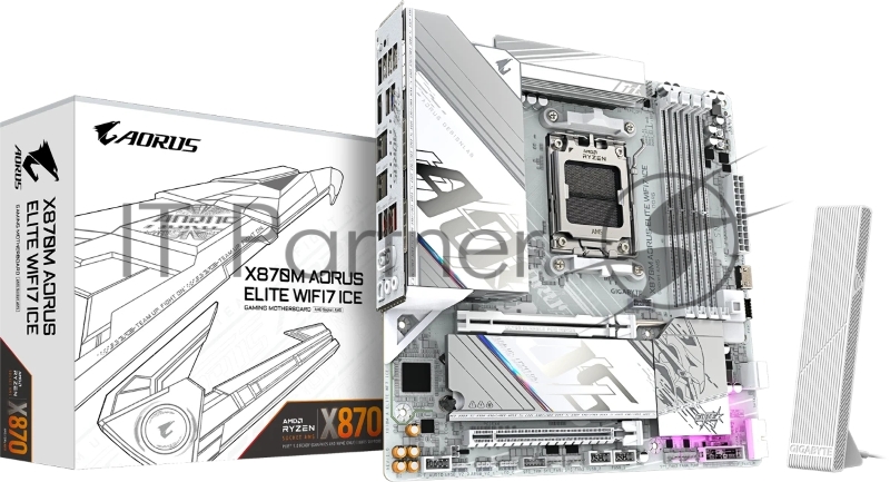 Материнская плата Gigabyte X870M AORUS ELITE WIFI7 ICE, AM5, AMD X870, 4xDDR5, 2xSATA, 2xM.2, 1xPCIe 5.0 x16, 1xPCIe 4.0 x16, 1xHDMI, 1x2.5Gb LAN, Wi-Fi 7, Bluetooth 5.4, 2xUSB-C 40Gbps (USB4), 2xUSB-A 10Gbps, 4xUSB-A 5Gbps, 4xUSB-A 2.0, 3x3.5 мм + S/PDIF оптический, 7.1, белый, mATX