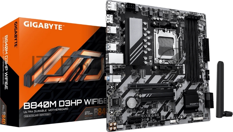 Материнская плата Gigabyte B840M D3HP WIFI6E, AM5, AMD B840, 4xDDR5, 4xSATA, 2xM.2, 1xPCIe 4.0 x16, 1xPCIe x1, 1xHDMI, 2xDP, 1x1Gb LAN, Wi-Fi 6E, Bluetooth 5.3, 1xUSB-C 5Gbps, 1xUSB-A 10Gbps, 3xUSB-A 5Gbps, 2xUSB-A 2.0, 1xPS/2, 3x3.5 мм, 7.1, mATX
