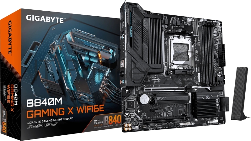 Материнская плата Gigabyte B840M GAMING X WIFI6E, AM5, AMD B840, 4xDDR5, 4xSATA, 2xM.2, 1xPCIe 4.0 x16, 1xPCIe 3.0 x16, 1xHDMI, 2xDP, 1x2.5Gb LAN, Wi-Fi 6E, Bluetooth 5.3, 1xUSB-C 5Gbps, 2xUSB-A 5Gbps, 4xUSB-A 2.0, 1xPS/2, 3x3.5 мм, 7.1, mATX