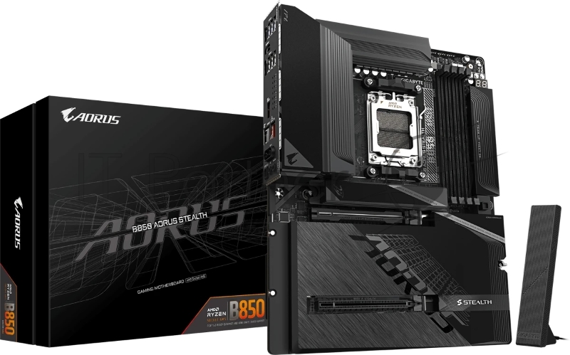 Материнская плата Gigabyte B850 AORUS STEALTH, AM5, AMD B850, 4xDDR5, 2xSATA, 4xM.2, 1xPCIe 5.0 x16, 1xPCIe 4.0 x16, 1xHDMI, 1x5Gb LAN, Wi-Fi 7, Bluetooth 5.4, 1xUSB-C 10Gbps, 2xUSB-A 10Gbps, 4xUSB-A 5Gbps, 4xUSB-A 2.0, 3x3.5 мм + S/PDIF оптический, 7.1, ATX
