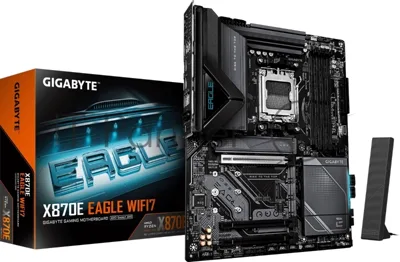 Материнская плата Gigabyte X870E EAGLE WIFI7, AM5, AMD X870E, 4xDDR5, 4xSATA, 4xM.2, 1xPCIe 5.0 x16, 1xPCIe 4.0 x16, 1xPCIe 3.0 x16, 1xHDMI, 1x5Gb LAN, Wi-Fi 7, Bluetooth 5.4, 2xUSB-C 40Gbps (USB4), 2xUSB-A 10Gbps, 4xUSB-A 5Gbps, 2xUSB-A 2.0, 3x3.5 мм + S/PDIF оптический, 7.1, чёрный, ATX