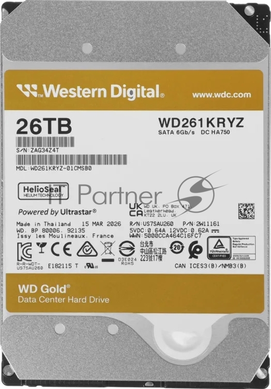 Жесткий диск HDD WD Gold 26Tb 7200rpm SATA 512Mb 3.5"