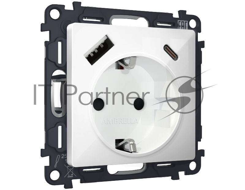 Комплект механизма электрической розетки ALFA Белый глянец 2USB A+C 20W (быстрая зарядка) с/з QUANT (AP1100, VM160) MA110010