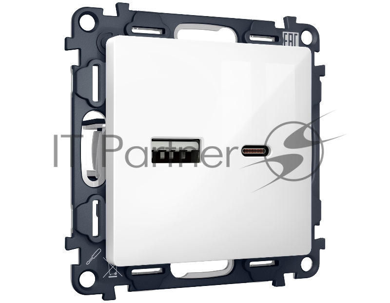 Комплект механизма розетки ALFA Белый глянец 2USB A+C 20W (быстрая зарядка) QUANT MA111010