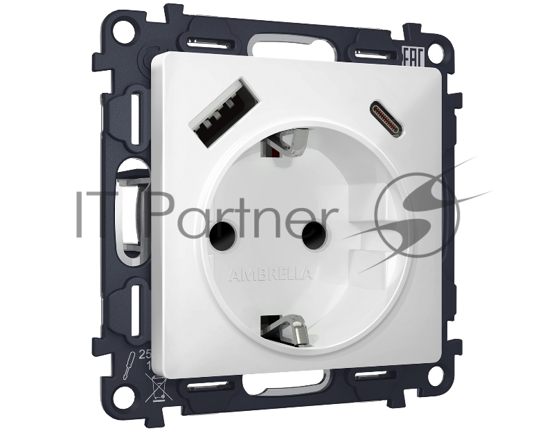 Комплект механизма электрической розетки ALFA Белый матовый 2USB A+C 20W (быстрая зарядка) с/з QUANT (AP1300, VM160) MA130010