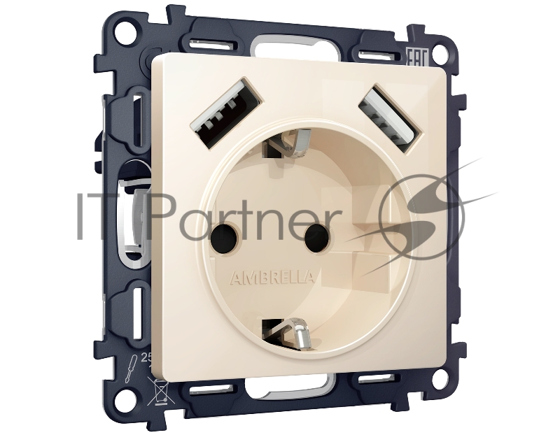 Комплект механизма электрической розетки ALFA Бежевый глянец 2USB A+A 18W (быстрая зарядка) с/з QUANT (AP3090, VM155) MA309010