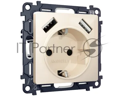 Комплект механизма электрической розетки ALFA Бежевый глянец 2USB A+A 18W (быстрая зарядка) с/з QUANT (AP3090, VM155) MA309010