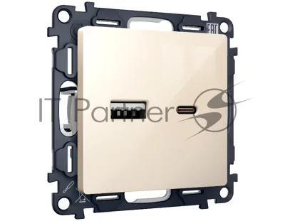Комплект механизма розетки ALFA Бежевый глянец 2USB A+C 20W (быстрая зарядка) QUANT (AP3110, VM177) MA311010