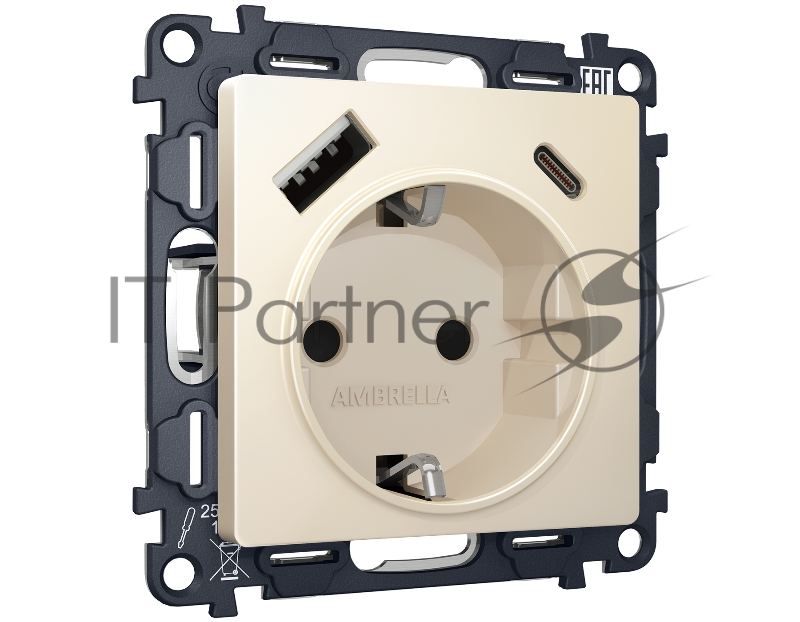 Комплект механизма электрической розетки ALFA Бежевый матовый 2USB A+C 20W (быстрая зарядка) с/з QUANT (AP3300, VM160) MA330010