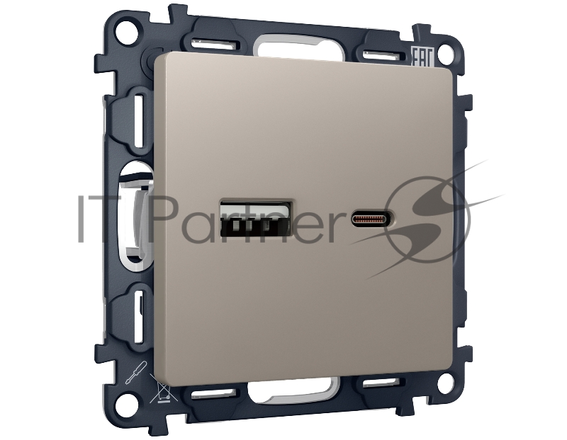 Комплект механизма розетки ALFA Серо-бежевый матовый 2USB A+C 20W (быстрая зарядка) QUANT (AP3710, VM177) MA371010
