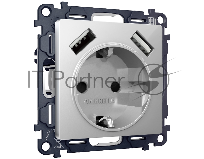 Комплект механизма электрической розетки ALFA Серебро глянец 2USB A+A 18W (быстрая зарядка) с/з QUANT (AP4090, VM155) MA409010