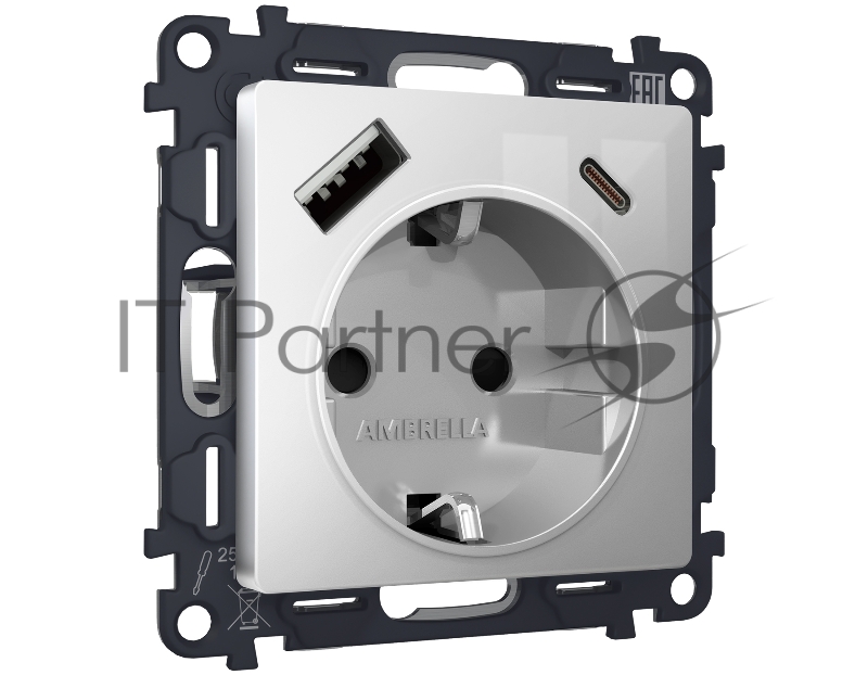 Комплект механизма электрической розетки ALFA Серебро глянец 2USB A+C 20W (быстрая зарядка) с/з QUANT (AP4100, VM160) MA410010