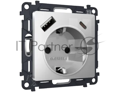 Комплект механизма электрической розетки ALFA Серебро глянец 2USB A+C 20W (быстрая зарядка) с/з QUANT (AP4100, VM160) MA410010
