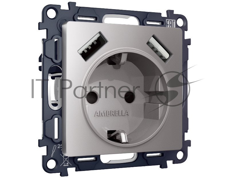 Комплект механизма электрической розетки ALFA Сталь матовый 2USB A+A 18W (быстрая зарядка) с/з QUANT (AP5090, VM155) MA509010