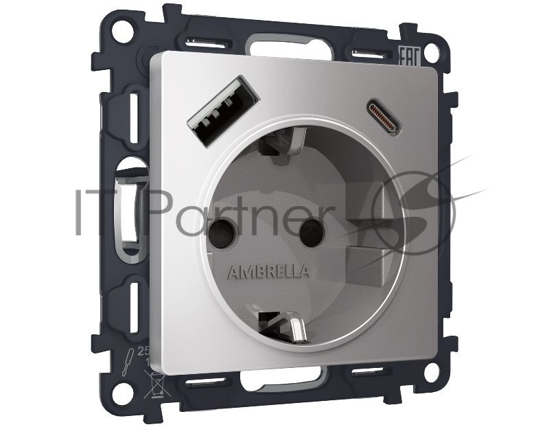 Комплект механизма электрической розетки ALFA Сталь матовый 2USB A+C 20W (быстрая зарядка) с/з QUANT (AP5100, VM160) MA510010
